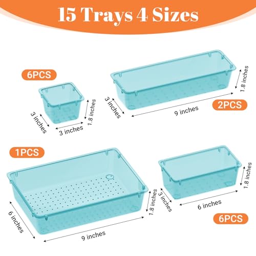 SpaceHacks 15 PCS Clear Plastic Drawer Organizer Set, 4-Size Acrylic Drawer Storage Trays, Storage Bins for Makeup, Gadgets, and Jewelry in Bathroom, Bedroom and Office, Clear Sea Blue - color: Sea Blue