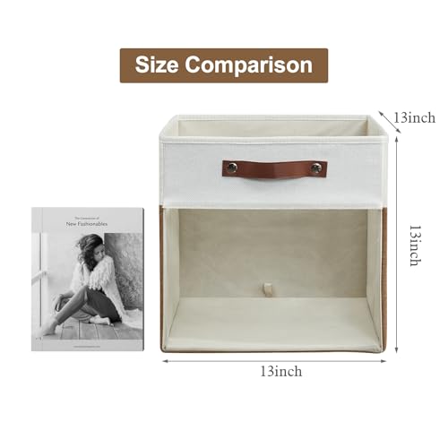 Bagnizer Storage Cubes, 4 Pack Linen Foldable Storage Bins (13 x 13 inch) with Clear Window and Handles, Fabric Organizer for Shelf Closet, Clothes, Books - (Brown and White) - color: Brown / Off-White, size: 13 x 13 x 13