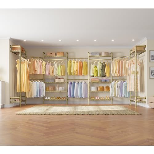 Timate F3 Garment Rack Heavy Duty Clothes Rack for Hanging Clothes, Expandable Industrial Pipe Wall Mounted Clothing Rack, Adjustable Storage Wardrobe Closets Kit Walk in Closet Systems, Gold - color: Gold, size: F3