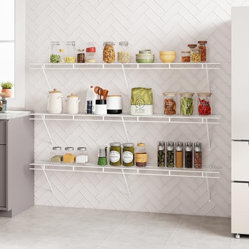 Giantex Closet Shelf with Hanging Rod, 6 ft Wall Mounted Wire Shelving Kit with Storage Shelf & Clothes Rod, Ventilated Metal Wall Shelf Organizer for Laundry Room, Closet, Bedroom, White - size: 6 ft