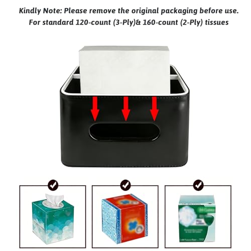 PU Leather Tissue Box Cover Square - Multifunctional Tissue Box Holder with Storage, Tissue and Remote Control Holder Organizer with Compartments for Bedroom Nightstand, Desk, Living Room (Black) - color: Black