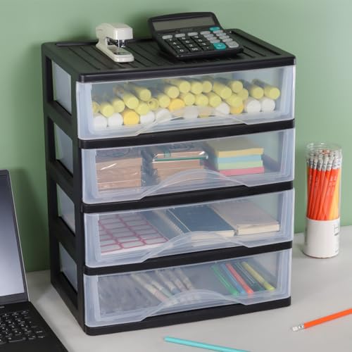 BYCY Medium 4 Drawer Clear Stacking Desktop Organizer for Office Supplies,Stackable Storage Drawers Plastic Storage Bins For Kitchen Cabinets, Pantry, Home Organization (Black, Medium 4Drawer) - size: Medium 4Drawer
