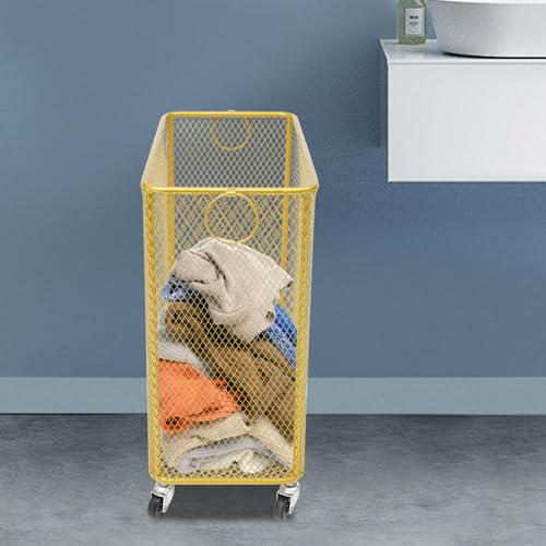 Metal Laundry Storage Cart - Slim, Mesh Wire Rolling Laundry Hamper with Wheels & Ring Handles, Clothes or Linen Storage Organizer Hamper Bin Laundry Basket, 9"L x 17"W x 18"H, Gold - color: Gold, size: Slim Rectangular - 9"W