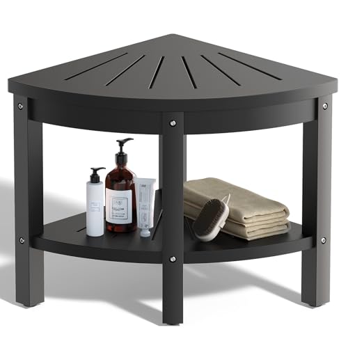 Shower Stool for Inside Shower, Corner Shower Stool, Shower Bench Seat with Storage Shelf for Shaving Legs Plastic Spa Bath Step Foot Rest for Bathroom Small Place - color: Black