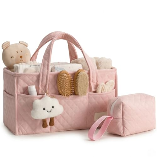 PeraBella Baby Diaper Caddy Organizer, Baby Basket Shower Gift, Portable Changing Table Basket, Postpartum Caddy & Tote Bag Pouch, Newborn Boy & Girl Nursery Essentials Registry, Car Diaper Organizer - color: Blush Pink