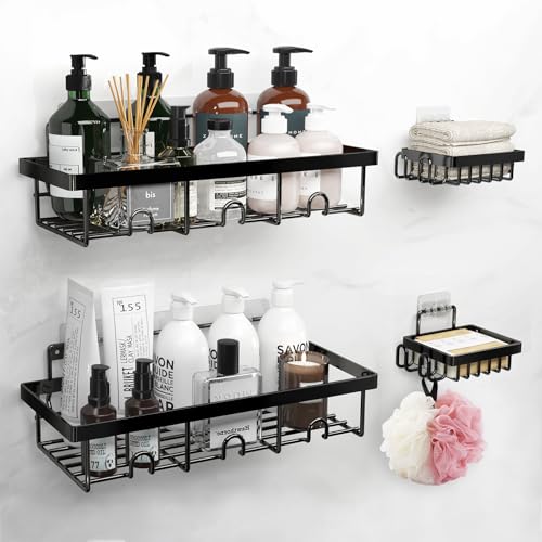 4-Pack Adhesive Shower Caddy - Rustproof Stainless Steel Shower Organizer - Large Capacity No-Drill Shower Shelves for Inside Shower Storage - Versatile Wall Mount Rack for Bathroom & Kitchen (Black) - color: Black