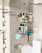 HapiRm Shower Caddy over Door- Hanging Shower Organizer with 14 Hooks and Soap Holder, Rustproof & Waterproof Stainless Steel Bathroom Shelf - Brushed Nickel - color: Brushed Nickel