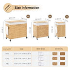 Handwoven Hamper with Lid, Laundry Basket with Wheels, Machine Washable Liner, 3 Section Clothes Hamper for Bathroom Laundry Room Bedroom(Natural, 165L) - color: Natural/With Lid/165L