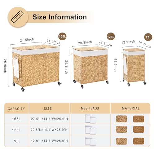Handwoven Hamper with Lid, Laundry Basket with Wheels, Machine Washable Liner, 3 Section Clothes Hamper for Bathroom Laundry Room Bedroom(Natural, 165L) - color: Natural/With Lid/165L