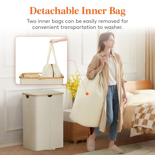Lifewit 170L Double Laundry Hamper with Lid, Large Laundry Basket with Removable Bag & Bamboo Handles, Fodable Tall Dirty Clothes Hamper for Laundry Collapsible Bin for Bathroom Bedroom Dorm, Beige - color: Beige, size: 170L