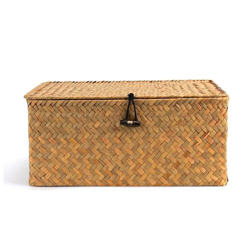 Nonam Small Basket with Lid, Natural Seagrass Bin with Lid, Shelf Baskets Multipurpose Container for Boho Decoration, Rectangular Household Storage Boxes for Home Organization-Natural - color: S-Natural