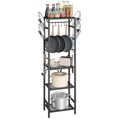 MAHANCRIS 4-Tier Pot Rack, Pots and Pans Organizer for Kitchen, Lid Organizer Rack with U-Shaped Lid Holders, Kitchen Storage Shelf for Standing Cookware, Black POBK3001 - color: Black