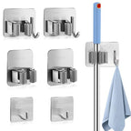 Daily Treasures 6 Pcs Stainless Steel Broom Holder Wall Mount Self Adhesive (with Hook), Adjustable Size Broom and mop Holder, Flexible Freestanding Broom Sticky Back Hooks, Hook Broom Hanger