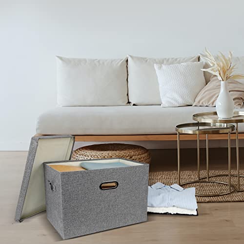 DAYARD Foldable Storage Boxes with Lids Linen Fabric Stackable Storage Bins Organizer Containers Baskets Cube with Cover for Closet Office Nursery, Grey XL (20 x 14 x 12) - color: Grey, size: XL