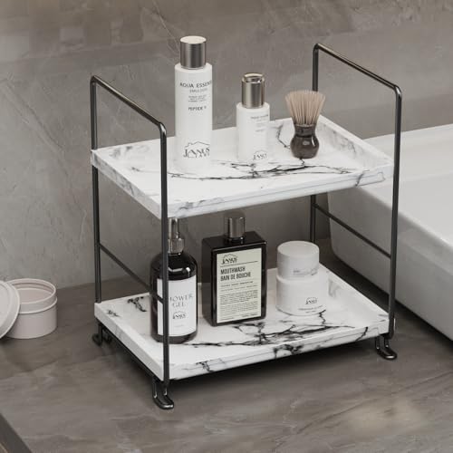 Kitchen Organizer,Small Spice Rack,Bathroom Organizer, Countertop Makeup Shelf Cosmetics Storage Display Rack Vanity Shelf,PP Imitation Marble Design,Tool-Less Install.(Black,2-Tier) - color: Imitation Marble,black