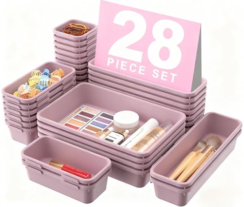 A-LuGei 【𝟮𝟴𝗣𝗖𝗦】 【𝟱𝗦𝗶𝘇𝗲】 Purple Drawer Organizer, Makeup organizer, 【Holds 177 Items】 Bathroom Organizers and Storage, Plastic Desk Organizer Divider, Organizer Bins for Office Vanity - color: Lilac