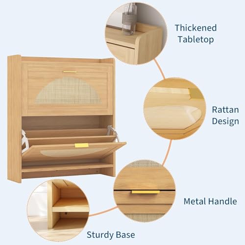 Patikuin Narrow Rattan Shoe Cabinet, 2 Semi-Circular Flip Doors Freestanding Shoe Storage Organizer, MDF Wooden Hidden Slim Shoe Rack for Entryway, Hallway, Foyer, Living Room - size: 2 Flip Drawers