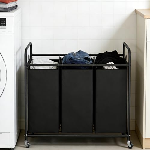 LINZINAR 3-Bag Laundry Basket, Black Laundry Hamper, 35.6 Gal(135 L) Laundry Sorter Cart Laundry Room Organization with Heavy Duty Rolling Lockable Wheels and Removable Bags - size: 3 Bags Black