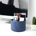 Hennaja Round Leather Art Supply Organizer,Remote Control Holder,360 Degree Spinning,Multi-Functional Pencil Holder,4 Compartments Desktop Stationary Organizer(1-Carved Blue) - color: 1-Carved Blue