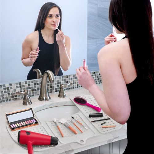 Sink Topper Bathroom Counter Cover & Storage Saver, Foldable Silicone Mat for Hot Tools, Hair Styling & Makeup, Beauty Brush Cleaning Mat, RV Camper Sink Cover & for Small Spaces (Large Pearl) - color: White, size: Large