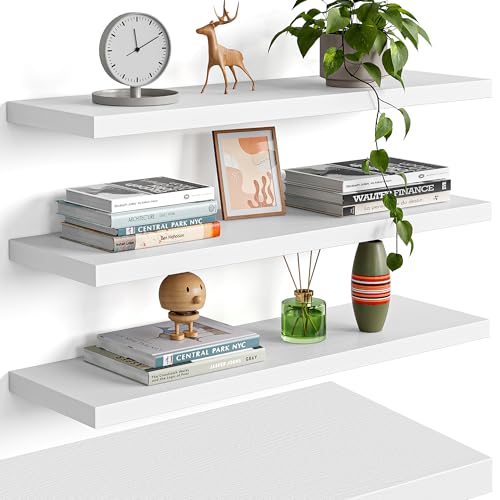 YUFLINX 23’’White Floating Shelves for Wall,Rustic Wood Shelf for Room Decor/Storage/Display,Small Bookshelf,Wall Mounted Hanging Shelves for Bedroom, Bathroom, Living Room, Kitchen,Set of 4 - color: White, size: 23in