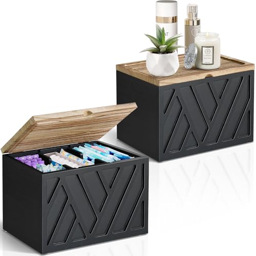 2 PCS Tampon Holder for Bathroom Decor, Feminine Product Organizer with Lid, Shark Week Tampon Storage, Wood Pad and Tampon Organizer for Toilet Organizer, Bathroom Accessories Box for Girl Stuff - color: 2Pcs-Black