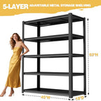 Garage Shelving Heavy Duty, 5-Tier Storage Shelves, 62" H Adjustable Metal Shelving Unit, 3000 lbs, Utility Garage Organizer Shelf for Basement, Kitchen, Pantry, Warehouse, Black - size: 46"W x 19"D x 62"H