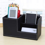 KINGFOM Desk Organizer Office Supplies Caddy Pu Leather Multi-function Storage Box Pen/Pencil,Cell phone, Business Name Cards Remote Control Holder Black - color: S-black
