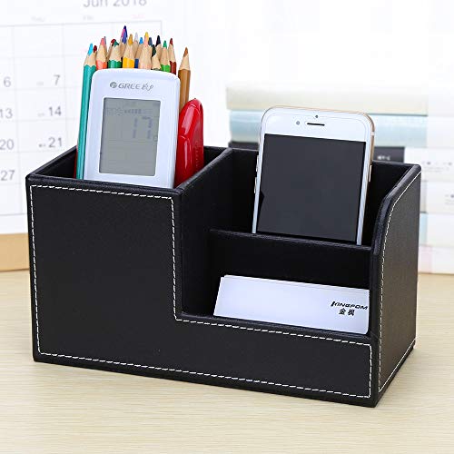 KINGFOM Desk Organizer Office Supplies Caddy Pu Leather Multi-function Storage Box Pen/Pencil,Cell phone, Business Name Cards Remote Control Holder Black - color: S-black