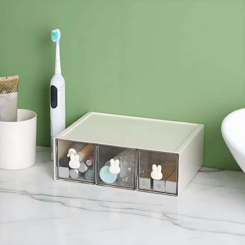 Desktop Storage Drawers, Plastic Desk Organizer with 3 Drawers, Modular Stackable Toolbox Units for Office Stationary, Makeup Container, Bathroom Countertop (1 Tall Layer, Cream & Clear) - color: 1 Tall Layer & 3 Drawers, Cream & Clear