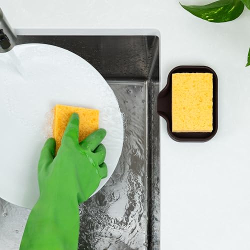 Zulay Kitchen Small Silicone Sponge Holder (4.9x3.3”) – Space-Saving Sink Organizer Tray for Sponge, Soap, Brush & More – Compact Non-Slip Dish for Kitchen & Bathroom (Chocolate) - color: Chocolate, size: Small (4.9x3.3)