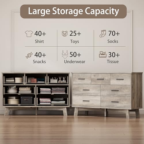 Xixini Dresser for Bedroom with 7 Drawer, Wood Modern Chest of Drawers with X-Shaped Sturdy Base, Wide Double Dresser Closet Clothes Storage Organizer, Wooden TV Stand for Living Room, Hallway, Grey - color: Grey, size: 15.6"D x 47.2"W x 29.5"H (7 Drawers