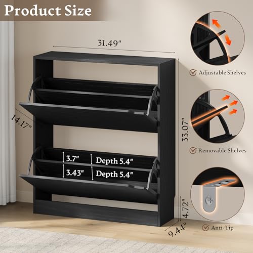 BORNOON Shoe Cabinet with 2 Flip Drawers, Slim Narrow Shoe Storage Cabinet, Freestanding Shoe Organizer with Adjustable & Removable Shelves, Top Display Shelf for Entryway, Hallway, Foyer, Closet - color: Black, size: 2-Drawer