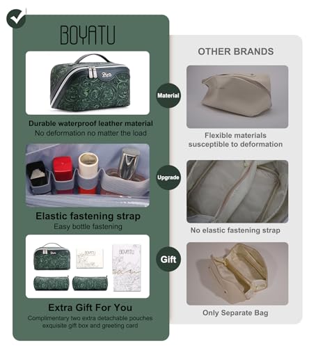 BOYATU Travel Makeup Bags Cosmetic Organizer Bag: 3 Pcs Set Large Capacity Floral Make up Bag with Compartments - Waterproof Leather Toiletry Bags with Handle for Women (18-Green) - color: 18-Green