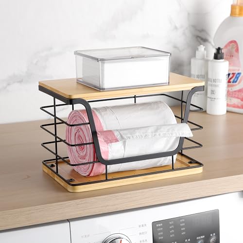 ALOCEO Large Wire Basket for Kitchen Pantry, Stainless Steel Kitchen Counter Organizer for Potato Onion, Trash Bag Dispenser Under Sink with Bamboo Top, Black - color: 1-pack - XL Bamboo Bottom Black