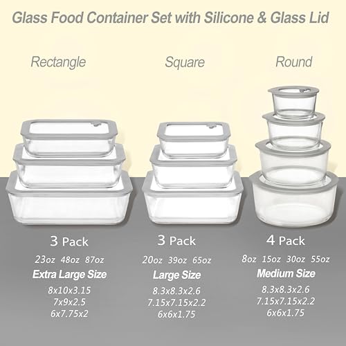 Glass Food Containers with Glass Lid, Microwave Safe Food Storage Container Set, 3 Pack, Square Shape, Food Containers with Lids, Meal Prep containers with Leak Proof Lid. - color: Grey-3S