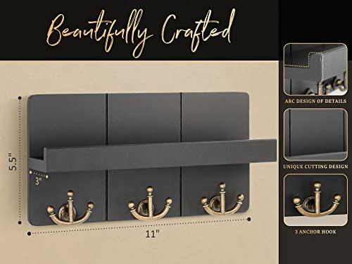 Rebee Vision Decorative Key and Mail Holder for Wall: Farmhouse Mail Organizer with Floating Shelf and 3 Anchor Key Hooks - Rustic Key Hanger for Farmhouse Entryway Decor (Modern Black) - color: Black