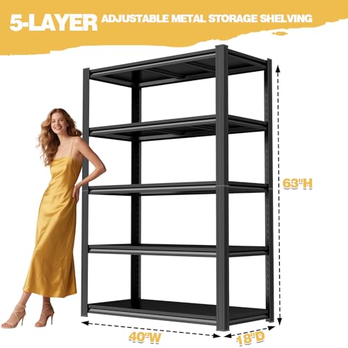 5-Tier Garage Shelving Unit, Garage Storage Shelves, 3000LBS Heavy Duty Shelving, 63" H Adjustable Metal Shelves Utility Shelf, Storage Rack for Kitchen, Warehouse, Basement, Black - size: 40"W x 18"D x 63"H