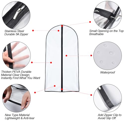 Garment Bags for Hanging Clothes 24'' x 40'' (Set of 6) suit bags for closet storage Covers for Closet with Study Full Zipper for Jacket Storage Clothes and Travel - color: Black-Translucent, size: 24''X40''-6P