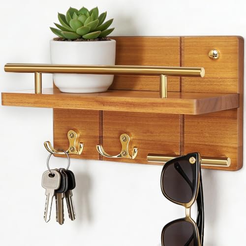 9.8" Teak Wood Key Hooks for Wall, Solid Wood Key Holder Wall Mount, Decorative Mail Organizer with Key Rack and Shelf, Rustic Home Decor for Entryway Living Room Bathroom Bedroom - size: 9.8 inch