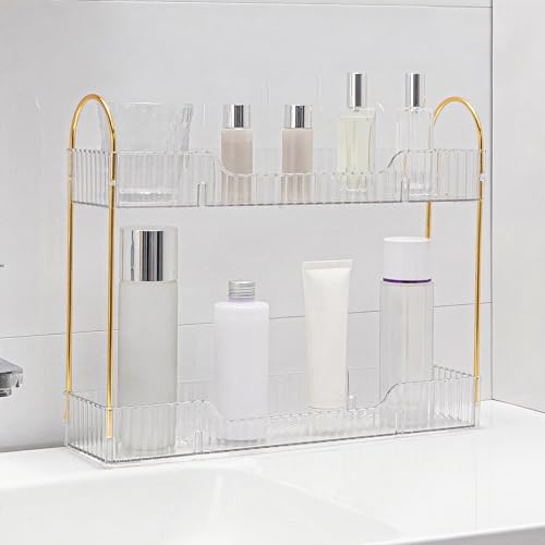 YCIA&DONE 2 Tiers Narrow Vanity Makeup Organizer, Bathroom Organizer Countertop Slim, Perfume Holder Skincare Storage Cosmetic Shelf Spice Rack, for Small Desktop Space, White Clear - color: White Clear