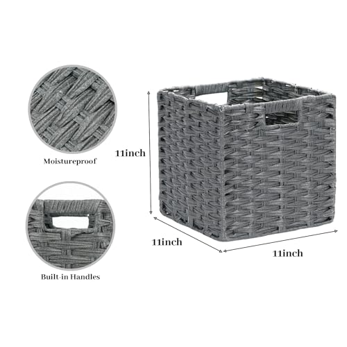 DULLEMELO 11x11 Wicker Baskets for Storage, Plastic Woven Cube Storage Bins for Shelves, Waterproof Foldable Wicker Baskets for Organizing Shelves,Closet, Clothes, Toys-Grey - color: Woven-Grey, size: 11in-2 pack