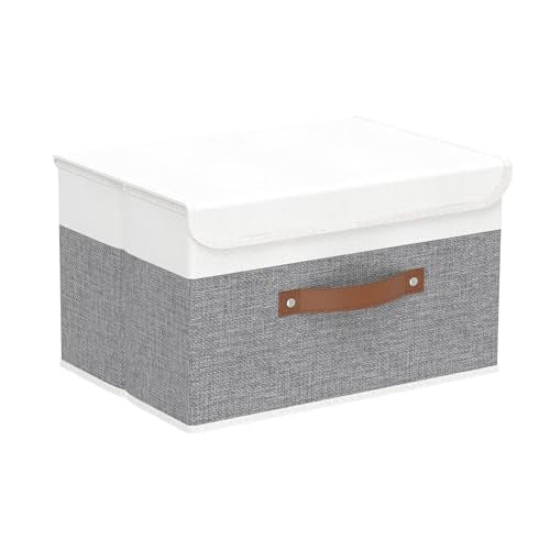 Yawinhe Collapsible Storage Bin, Cube Organizer Basket, Fabric Box with Lids, Washable and Leather Handle, for Home, Closet, White/Grey, 13.0''Lx9.0''Wx7.9''H, 1-Pack, SNK024WGS-1 - color: White/Grey, size: M/(1 Pack)