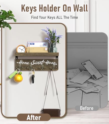 buways Wall-Mounted Key and Mail Holder, Wooden Key Rack with 4 Double Key Hooks, Rustic Home Decor for Entryway - color: Brown