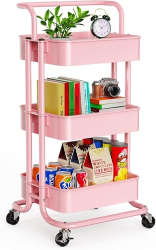 Pipishell 3 Tier Mesh Utility Cart, Rolling Metal Organization Cart with Handle and Lockable Wheels, Multifunctional Storage Shelves for Kitchen Living Room Office Pink - color: Pink, size: 3-Tier