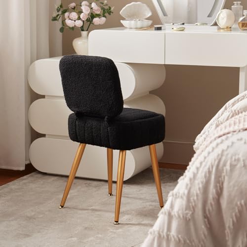 Updated Vanity Chair, Storage Ottoman with Folding Back & Gold-Toned Metal Legs, Ottoman Seat with Teddy Velvet for Dressing Room Living Room Bedroom, 15" x 12" Inch - color: Black, size: 15" x 12"