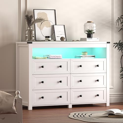 Dresser for Bedroom with 6 Drawers, Wide Chest of Drawers with LED Light and Power Outlet, Wooden Closet Organizer Clothes Storage Cabinet, Modern Double Dressers for Living Room, Hallway, White - color: White, size: 15.8"D x 47.2"W x 39.4"H (6 Drawers)