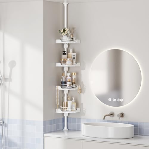 akinbas Shower Caddy Tension Pole with 4 L-Lazy Susan Organizer 360 Rotating 35-128 Inch No Drilling Floor Standing Shelves Adjustable Shower Rack for Bathroom Corner (White) - color: White, size: 4 Tier-Rotation
