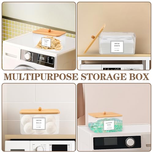 Dryer Sheet Holder - Clear Dryer Sheets Container with Bamboo Lid, 16 Labels and Scoops for Laundry Room Organization and Storage Dryer Sheet, Balls, Clothespins, Pods