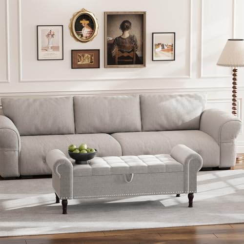 Apicizon 51” Bench with Storage, Upholstered Tufted Button Bedroom Bench with Storage, Linen Ottoman Bench for Bedroom, Living Room, Entryway, Light Gray - color: Light Gray, size: 51 Inches